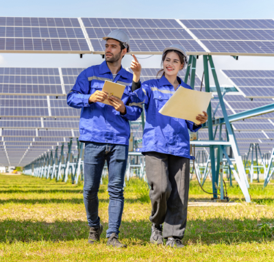 Eine Frau und ein Mann auf einer Wiese vor einer Reihe von Solarpanelen